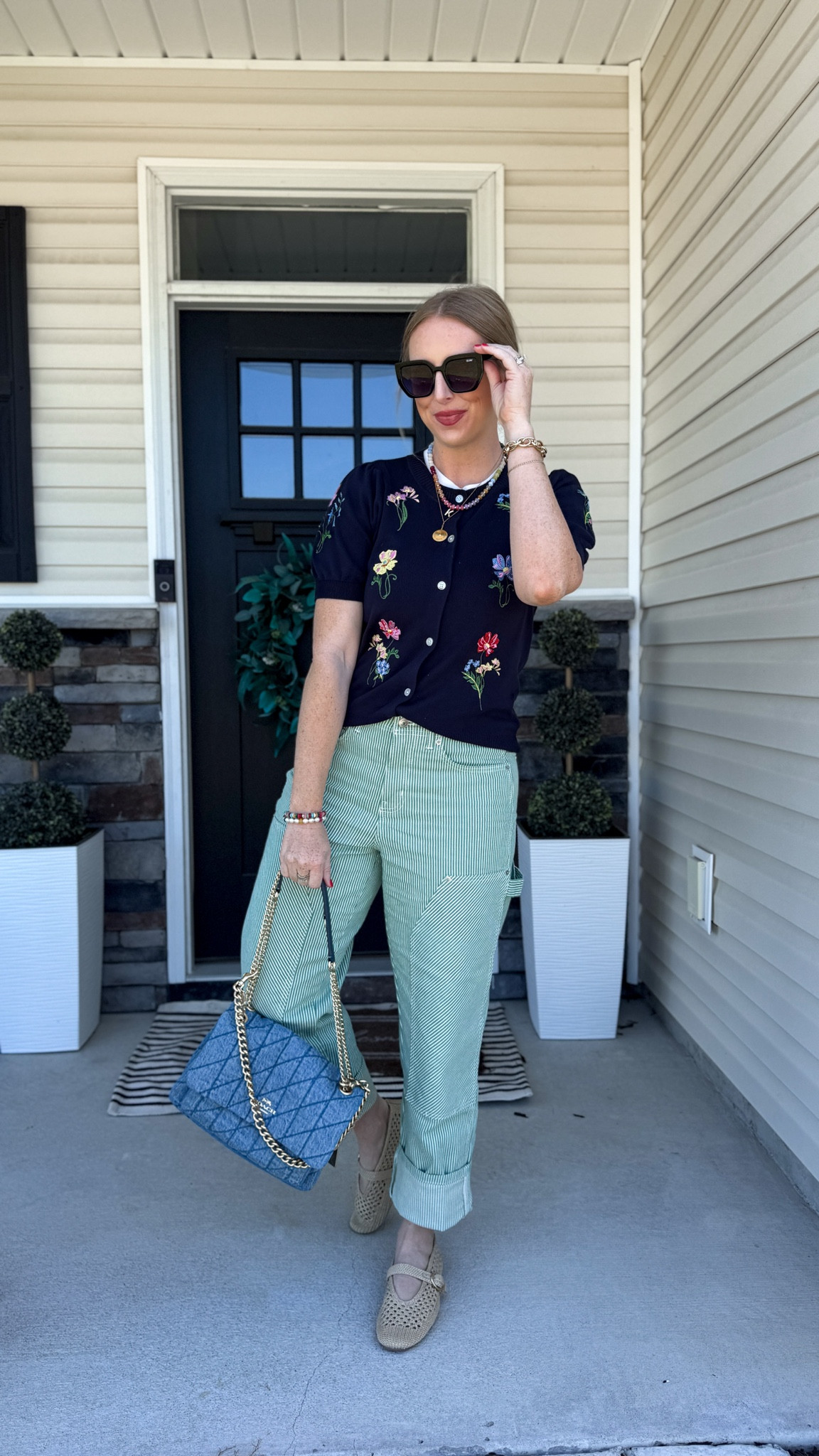 Walmart outfit, green stripe jeans, floral embroidered cardigan, denim purse

#LTKgrwm #LTKootd #LTKMothersDay