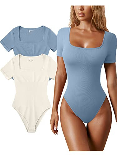 OQQ Women's 2 Piece Bodysuits Sexy Ribbed One Piece Square Neck Short Sleeve Bodysuits Blue Beige | Amazon (US)