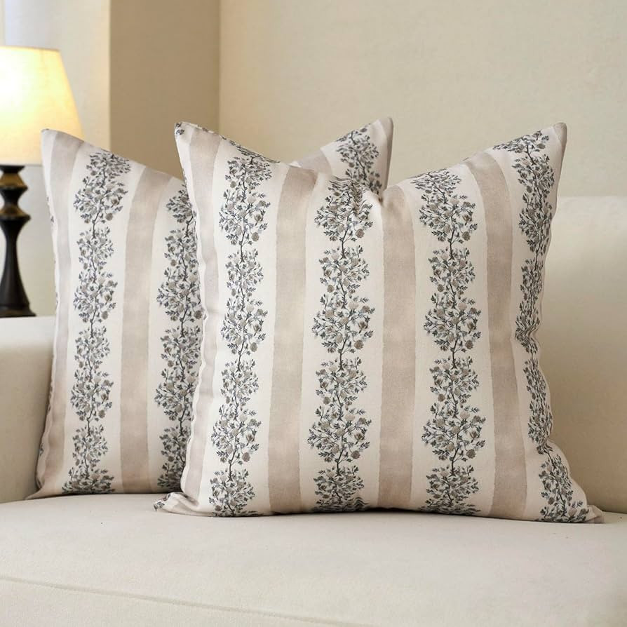 Amazon.com: DOMVITUS Floral Throw Pillow Covers 18x18 Inch Set of 2, Block Print Decorative Pillow Covers Vintage Striped Neutral Farmhouse Boho Home Decor for Couch Sofa Bed Living Room, Neutral : Home & Kitchen | Amazon (US)