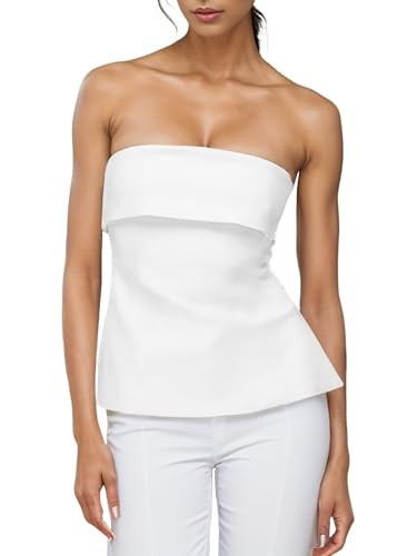 Strapless Tube Tops for Women Backless Going Out Bandeau Top Sexy Trendy Off Shoulder Side Split Summer Bustier Tops White | Amazon (US)