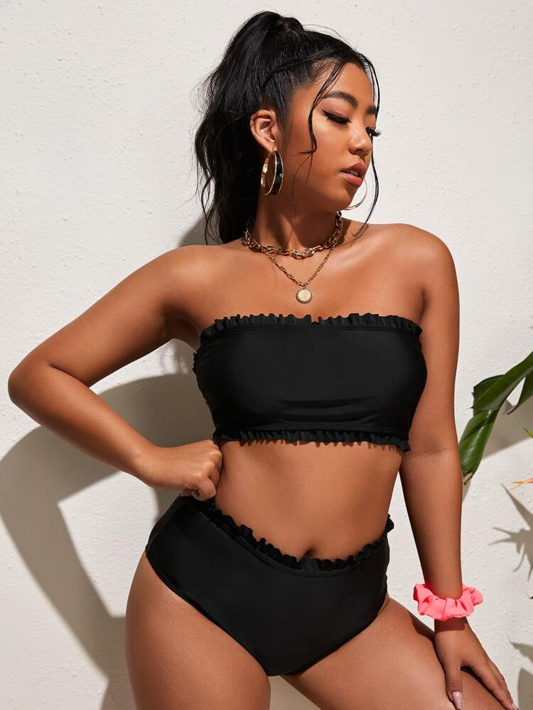 Plus Plain Frill Trim Bandeau High Waisted Bikini Swimsuit | SHEIN