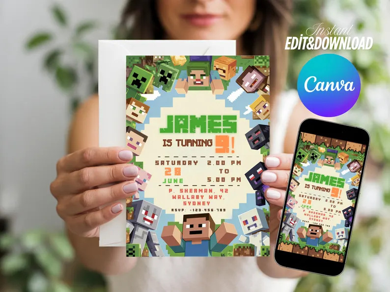 Editable Minecraft Birthday Invitation, Kid Birthday Invitation, Gamer Birthday Boy, Editable Can... | Etsy (US)