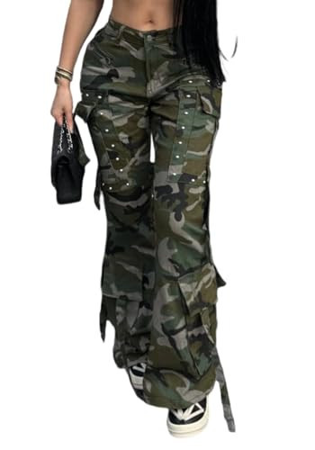 Women's Oversized Camo Cargo Denim Pants Jogger Trousers Camouflage Army Fatigue Skinny Flared Jeans with Pockets | Amazon (US)