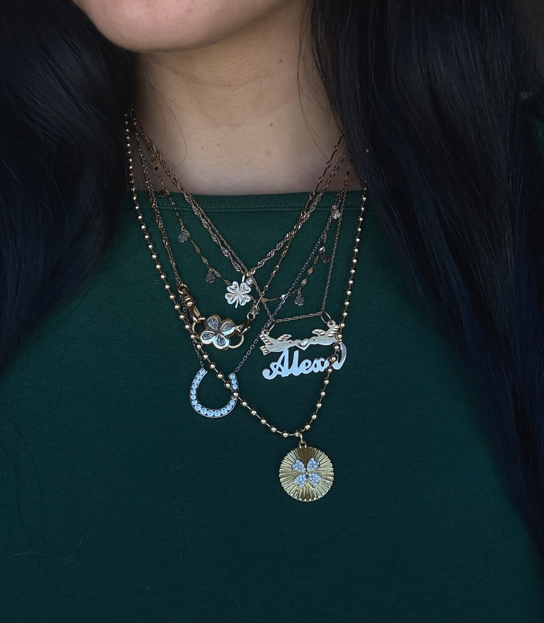 Necklace stack. All the clovers today 🍀🕊️

14k gold nameplate is from Yeah it’s Jewelry

#affordablejewelry
#finejewelry
#14kgoldnecklace
#jewelryinspo #necklaces #necklaceinspo
#necklacestack #jewelrystack #etsyjewelry #amazonjewelry
#LTKFindsUnder50
#LTKFindsUnder100
#LTKGiftGuide