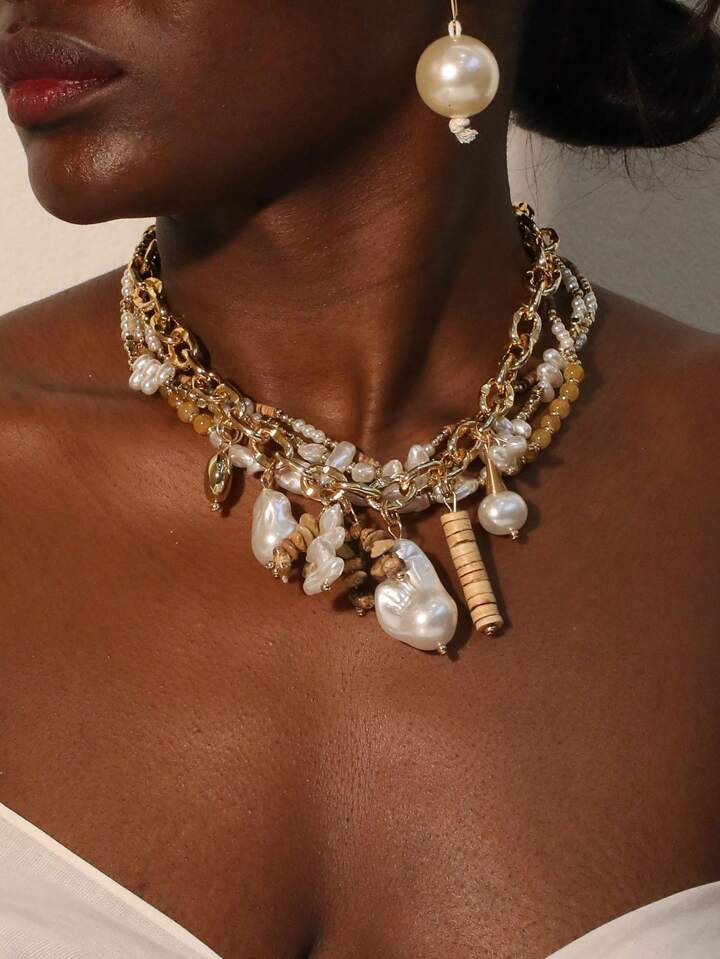 1pc Baroque Pearl & Natural Coconut Shell Beads Multi Layer Necklace, Suitable For Women Daily We... | SHEIN