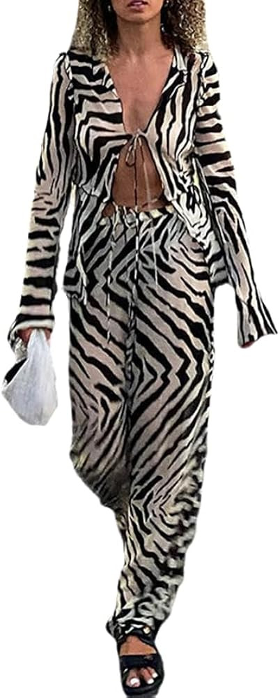 THLAI Sexy 2 Piece Sets for Women Zebra Print Long Sleeve Tops and Wide Leg Pants Mesh Summer Clu... | Amazon (US)