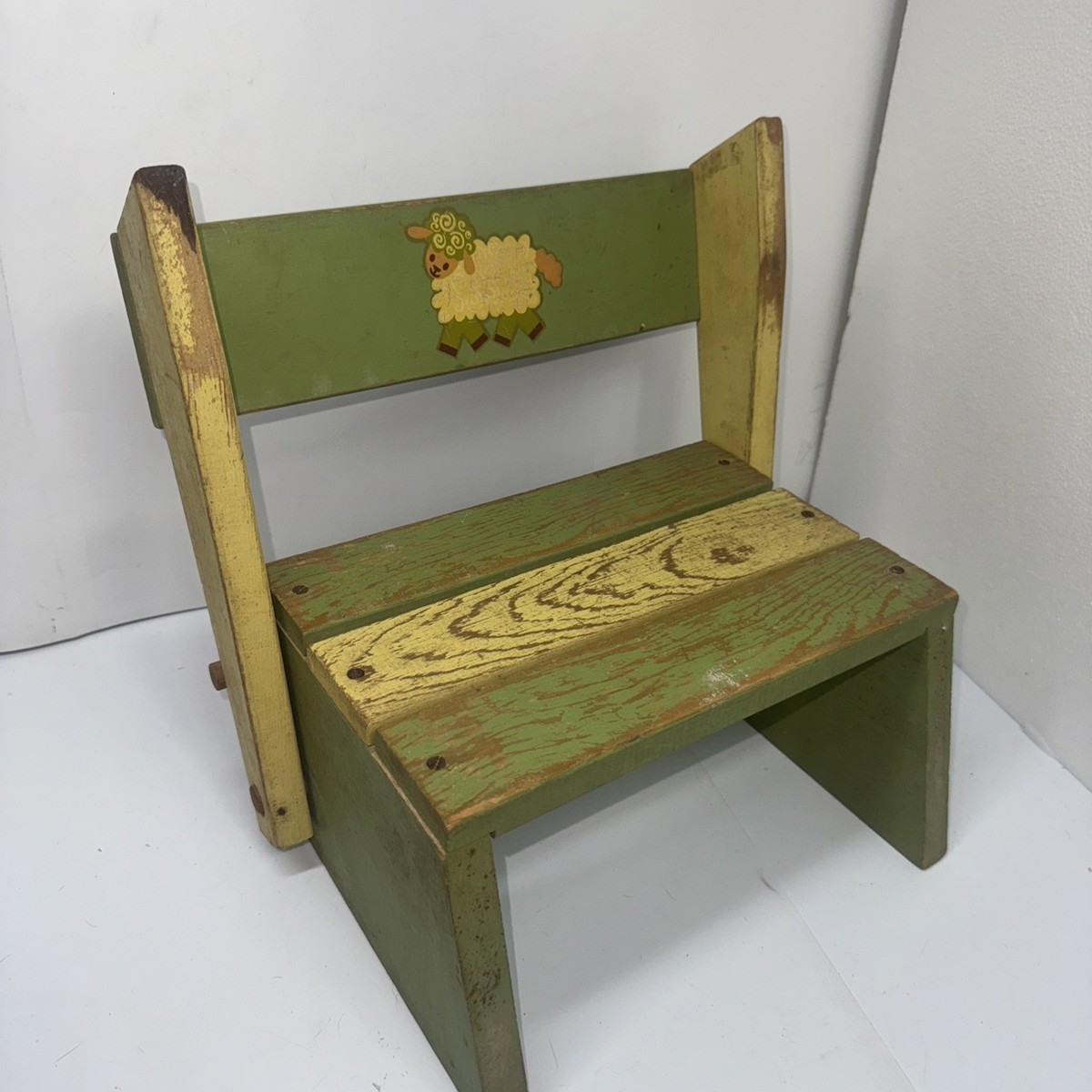 Vintage Wooden Child's Folding Step Stool / Chair  ~ Green /Yellow Paint ~ Lamb | eBay US