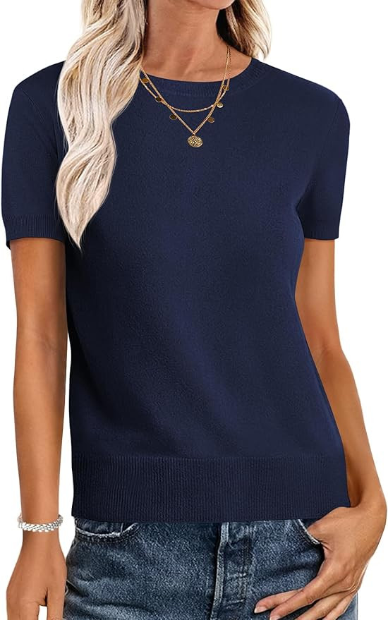 ANRABESS Womens Short Sleeve Sweaters Wool Blend Crew Neck Sweater Shirts Business Casual Work To... | Amazon (US)