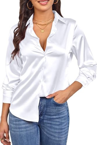 Women's Satin Silk White Button-Down Shirt Sexy Oxford Collar Long Sleeve Fitted Flowy Tunic Casual Blouse & Formal Work Dressy Top White XXL | Amazon (US)