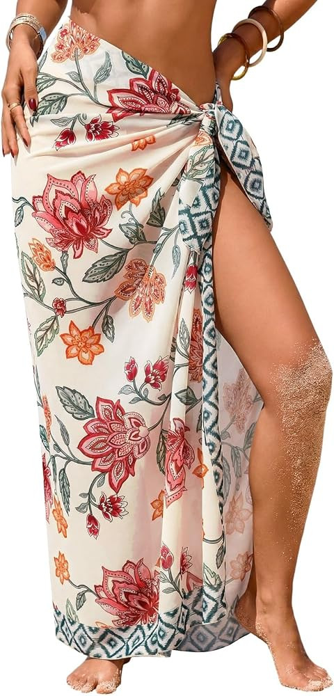 Women Sheer Sarong High Slit One Size Swimsuit Coverups 2026 Summer Floral Print Chiffon Wraps Be... | Amazon (US)