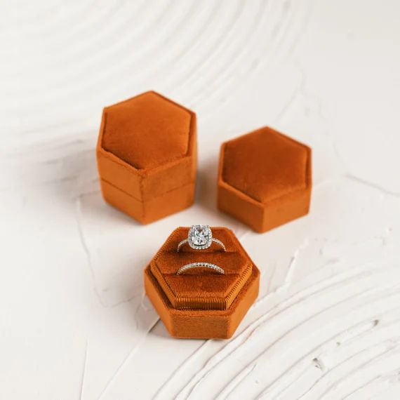 Oriole Orange Hexagon Velvet Ring Box, Double Slot, Flat Lay Styling Prop, Rust, Copper, | Etsy (US)