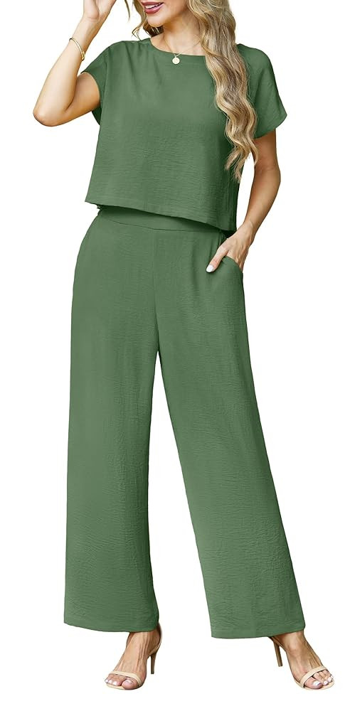Lepunuo 2 Piece Sets for Women Summer Cap Sleeve Crop Top Wide Leg Pants Matching Lounge Set Vaca... | Amazon (US)