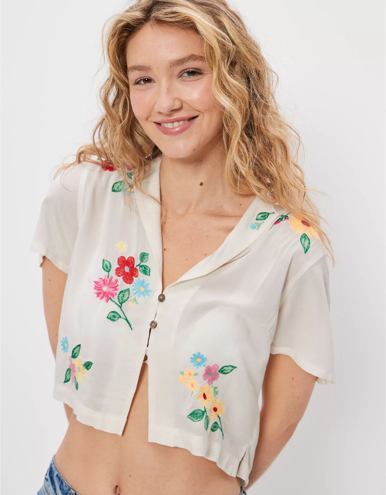 AE Cropped Embroidered Resort Shirt | American Eagle Outfitters (US & CA)