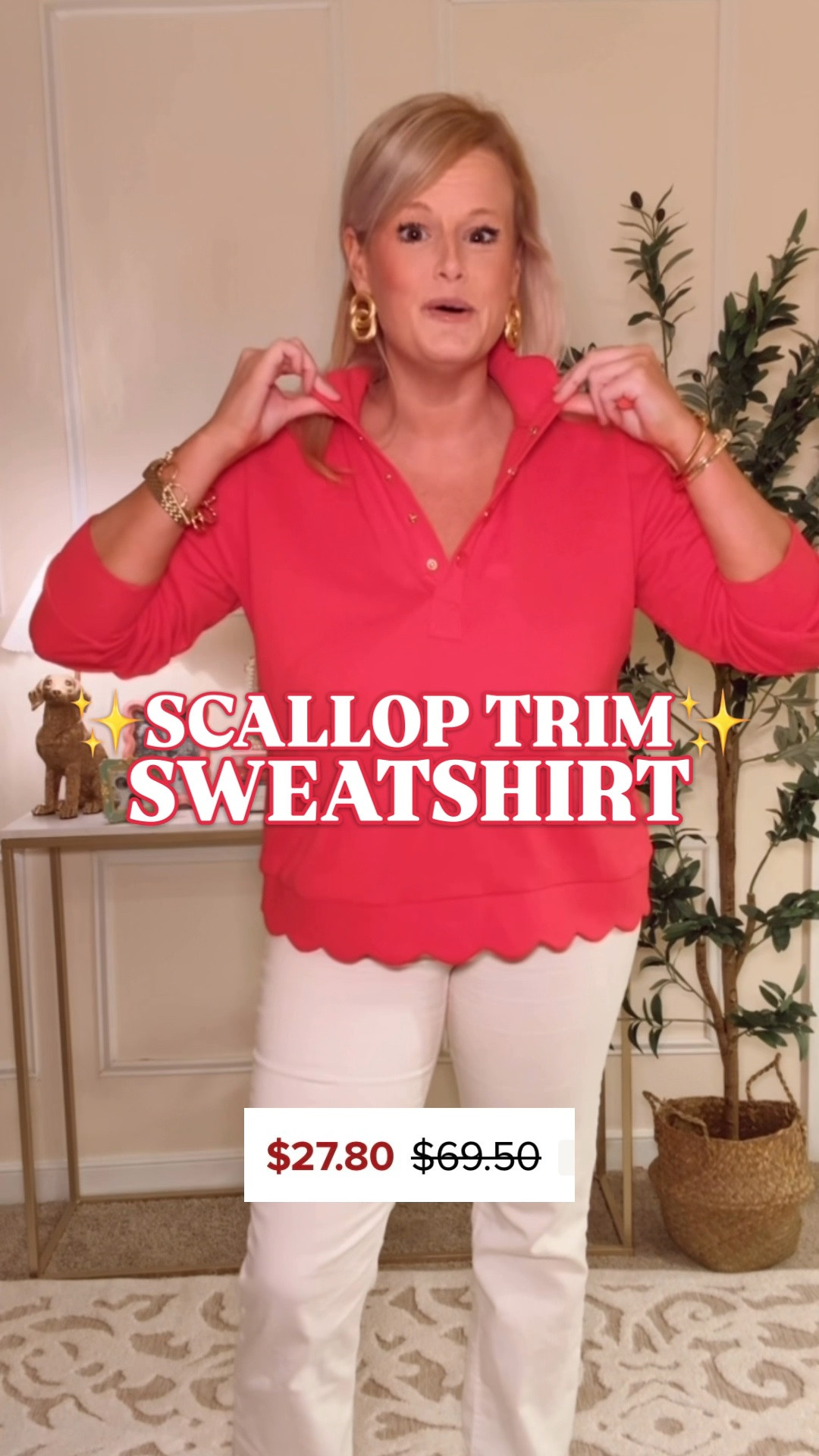 Lilly Pulitzer inspired sweatshirt | pink scalloped pullover | preppy fall outfits | teacher outfits

September does not mean the pink has to leave my wardrobe. 💗 This Crown & Ivy scallop trim sweatshirt is exactly the kind of colorful preppy fall find I’d want if my sweater wish list leaned Lilly Pulitzer, but my budget leaned Belk.

The rich pink got my attention, but the details are why I kept it: a scalloped hem and collar, gold snap buttons and relaxed dolman sleeves. It gives you the comfort of a cotton stretch sweatshirt with the feminine finish I usually have to hunt for in a dressier top. And yes, it’s machine washable.

I’m wearing a large. This pullover runs a little short, so I’d size up if you’re between sizes or want more length.

Wear it with white jeans while it’s warm, then bring it into fall with dark denim, a plaid skirt or corduroy. It’s an easy way to get that colorful, Lilly-inspired preppy look into teacher outfits, school pickup, brunch and casual workdays without saving the pink for spring. Shop it below. ✨

Crown & Ivy scallop trim sweatshirt, Crown and Ivy pullover, Belk fashion finds, Belk fall fashion, Lilly Pulitzer inspired sweatshirt, Lilly Pulitzer look for less, pink sweatshirt women, hot pink pullover, scallop trim sweatshirt, scalloped hem sweatshirt, scalloped collar top, gold snap pullover, collared sweatshirt women, cotton stretch sweatshirt, feminine sweatshirts women, preppy sweatshirt women, colorful preppy style, pink fall outfits, preppy fall outfits women, fall pullovers women, teacher outfits fall, teacher tops, business casual tops women, casual work outfits women, colorful fall fashion

#CrownAndIvy #BelkStyle #LillyPulitzer #LookForLess #PreppyStyle #FallOutfits #TeacherOutfits #LTKFindsUnder50

#LTKSeasonal #LTKSaleAlert #LTKTravel