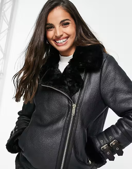 Miss Selfridge longline aviator jacket in black | ASOS (Global)