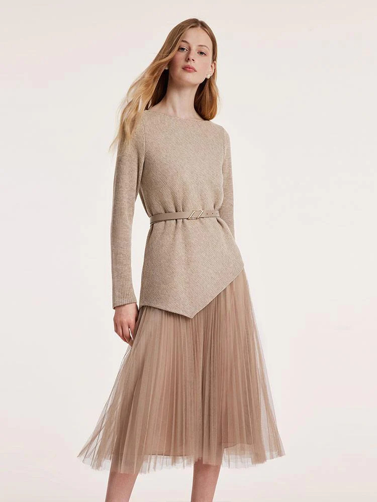 Asymmetrical Hem Top And Tulle Women Skirt With Belt Two-Piece Set | GOELIA