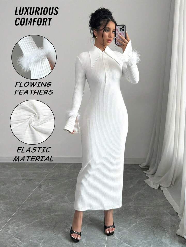Elenzga Women's Solid Color Collared Button-Up Long Sleeve Dress Maxi Women Outfit | SHEIN