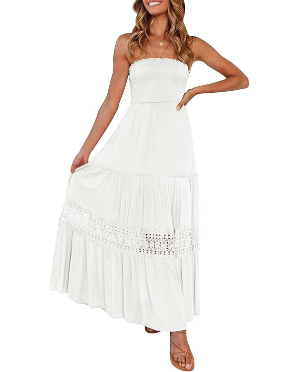 ZESICA Women's 2025 Summer Bohemian Strapless Off Shoulder Lace Trim Backless Flowy A Line Beach ... | Amazon (US)