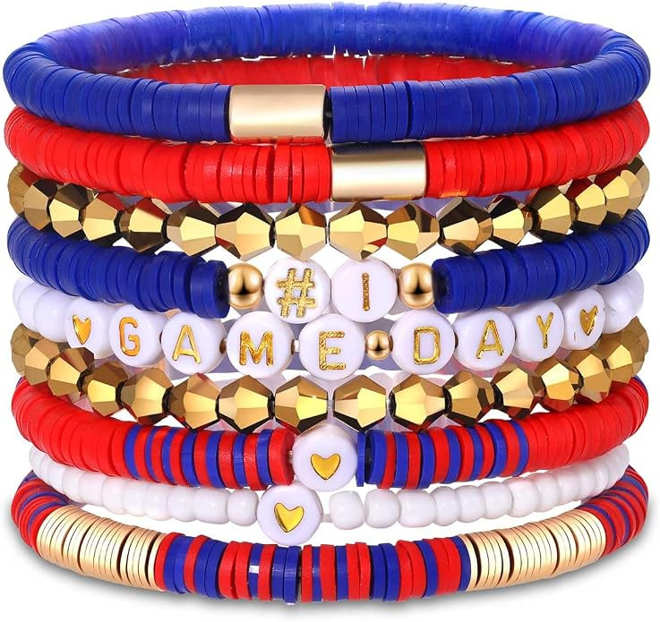 9 Pack Game Day Bracelets for Women Stackable Heishi Beaded Stretch Bracelet Football Sport Fan B... | Amazon (US)