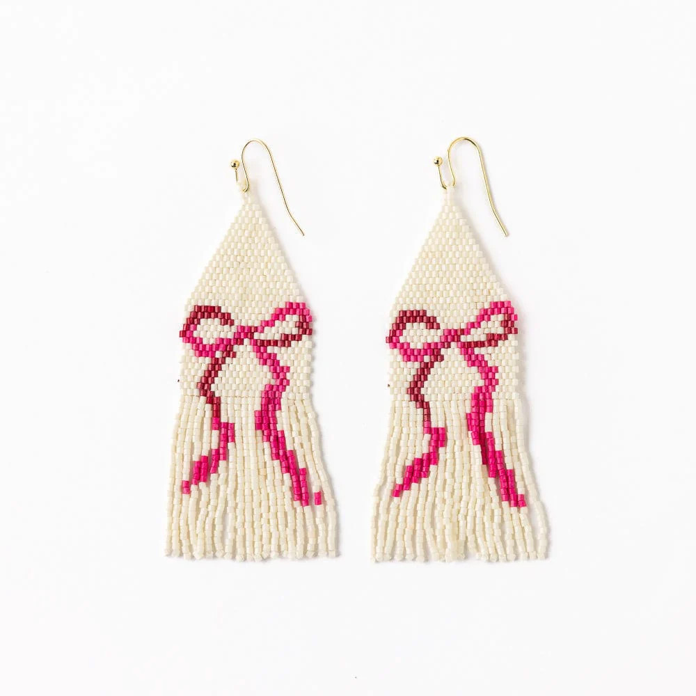 Delilah Pink Bow Beaded Fringe Earrings Ivory | INK+ALLOY