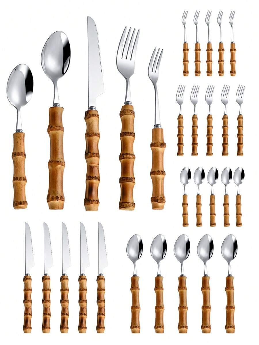 30pcs/Set Stainless Steel Cutlery Set With Natural Bamboo Handles School Supplies,Christmas Gift ... | SHEIN