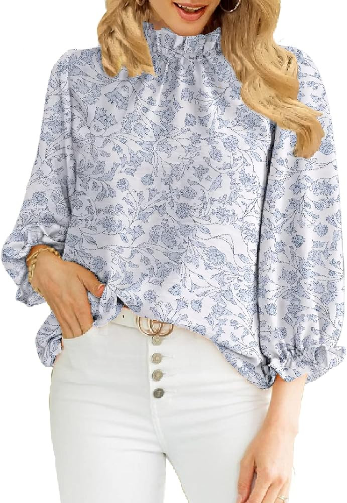 Newchoice Women's Casual Floral Blouse Ruffle Long Sleeve Mock Neck Boho Tops Work Shirts | Amazon (US)