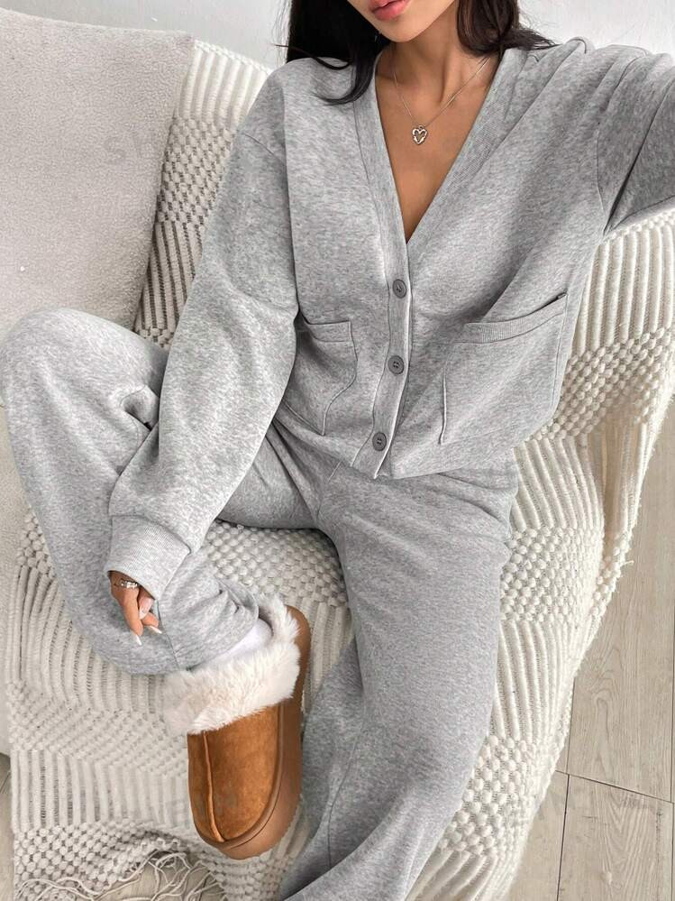 SHEIN MOOSTA 2 Piece Set Women's Casual Outfit - V-Neck Buttoned Top With Pockets, Long Sleeve An... | SHEIN