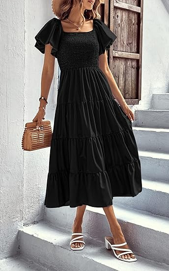 CFLONGE Women's 2023 Summer Casual Boho Beach Dress Square Neck Puff Sleeve High Waist Ruffle Flo... | Amazon (US)