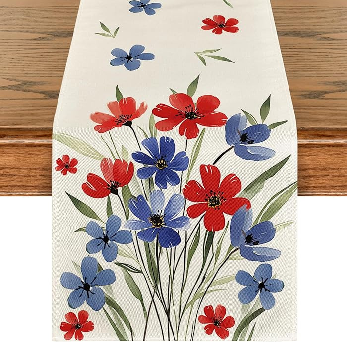 Artoid Mode Watercolor Flowers Eucalyptus 4th of July Table Runner, Patriotic Memorial Day Indepe... | Amazon (US)