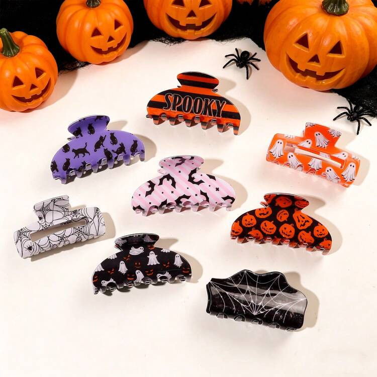 1pc Halloween Pattern Acrylic Hair Claw Clip Ghost Pumpkin Spider Web Cat Print Large Hair Jaw Cl... | SHEIN