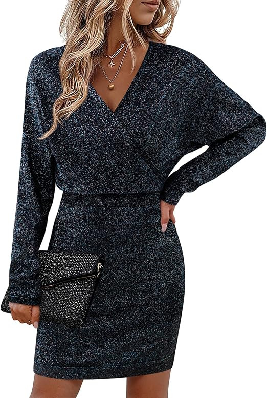 Bebonnie Womens Sexy V Neck Batwing Sleeve Sparkly Cocktail Party Sweater Dresses Holiday Bodycon... | Amazon (US)