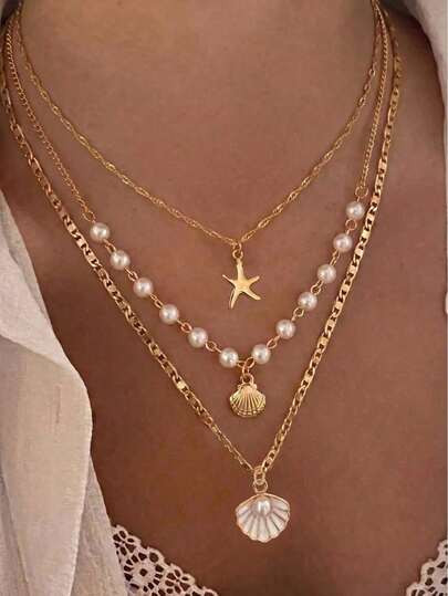 3pcs Summer Bohemian Style Faux Pearl Shell Pendant Multi-Layer Stackable Necklace Set, Suitable For Women Beach Vacation And Daily Wear, Coastal Style - Size one-size | SHEIN