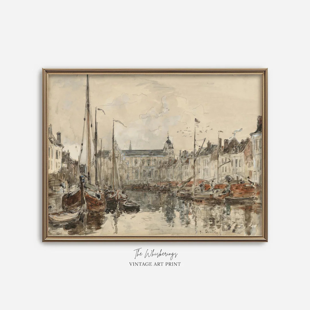 Vintage Harbor Art Print: Sailboats at Port, Antique Watercolor Sketch, Nautical Cityscape - Etsy | Etsy (US)