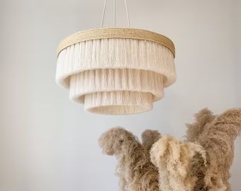 Boho Fringe Chandelier, Cotton Pendant Light, Fringe Light Fixture, Tassel Lamp Shade, Nursery Li... | Etsy (US)