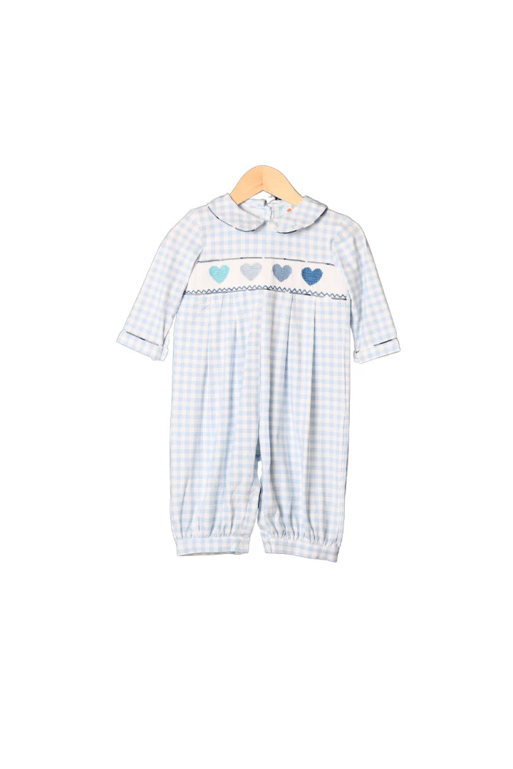Smocked Blue Heart Gingham Romper | The Smocked Flamingo