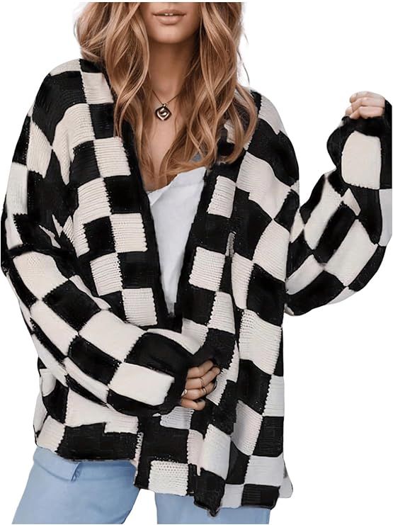 SHENHE Women's Oversized Plaid Outwear Open Front Knit Sweater Long Sleeve Casual Cardigan | Amazon (US)