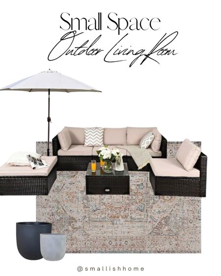 Outdoor living room idea for a small patio. This outdoor sofa is modular and can be configured different ways. I own this outdoor rug and it’s so soft you’d never know it was indoor/outdoor!

#LTKhome #LTKSeasonal