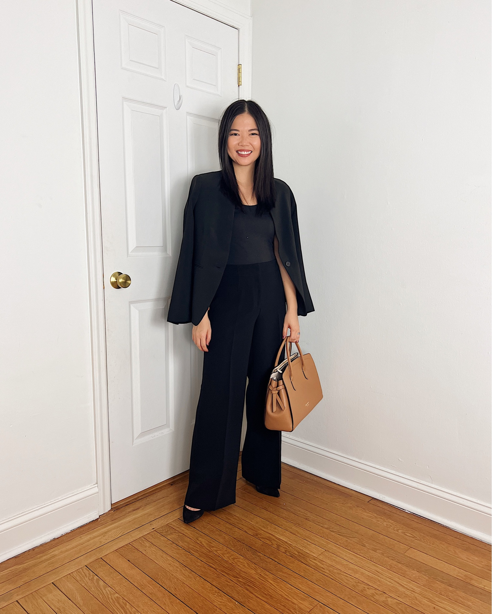 Black blazer (2P)
Black tank top (S/M)
Tan tote bag 
Kate Spade Knott satchel
Black pants (4P)
Black wide leg pants
Black pumps (TTS)
Business professional outfit
Work outfit
Black suit
Ann Taylor outfit

#LTKfindsunder100 #LTKstyletip #LTKworkwear