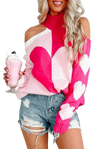 NUFIWI Women Romantic Heart Sweater Valentine Off Shoulder Pullover Top Oversized Knitted Shirt Cute Love Print Sweaters(Pink,S) | Amazon (US)