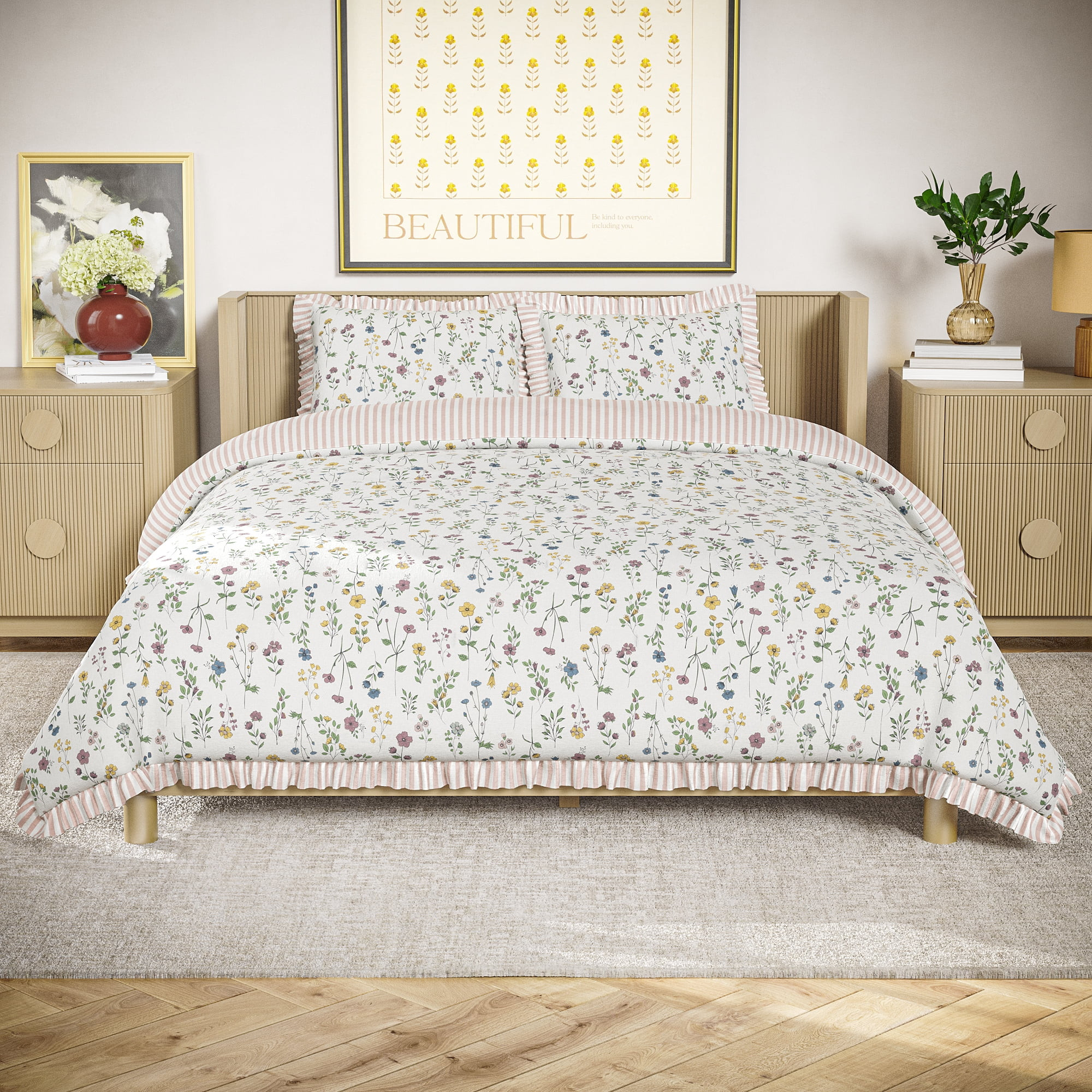 Beautiful 100% Cotton Botanical 3-Piece White Comforter Set, Full/Queen by Drew Barrymore | Walmart (US)