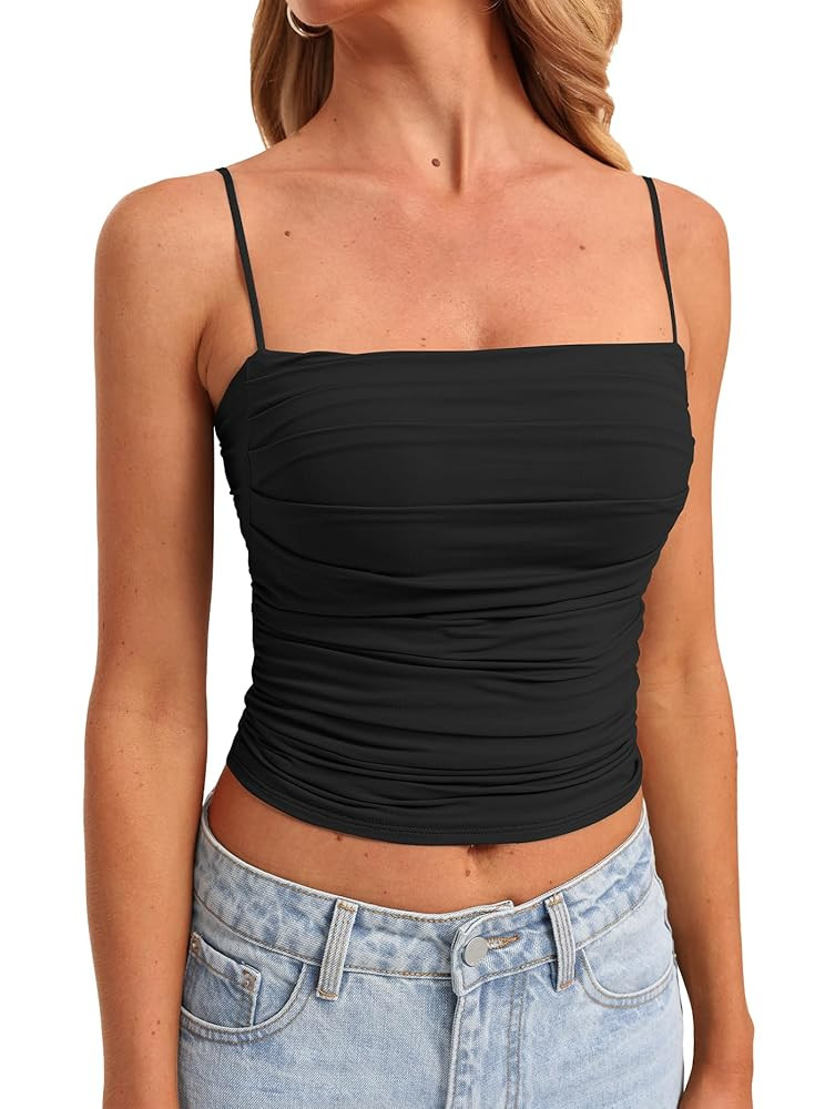 Darong Women Padded Double Lined Ruched Tank Tops Bulit in Bra Summer Spaghetti Strap Going Out C... | Amazon (US)