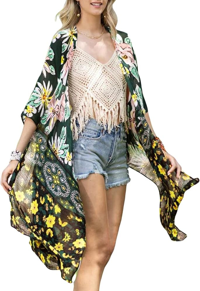 Spicy Sandia Kimonos for Women Floral Beach Cover Up Loose Swimsuit Bathing Suit Coverup Cardigan... | Amazon (US)