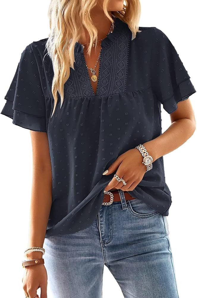 Womens Tops Butterfly Sleeve V Neck Blouses for Women Dressy Casual Flowy Swiss Dot Ruffle Short ... | Amazon (US)