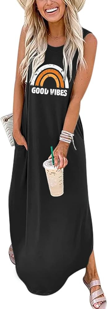 ANRABESS Women Casual Loose Sundress Sleeveless Split Maxi Long Beach Shirt Dress Travel Vacation... | Amazon (US)