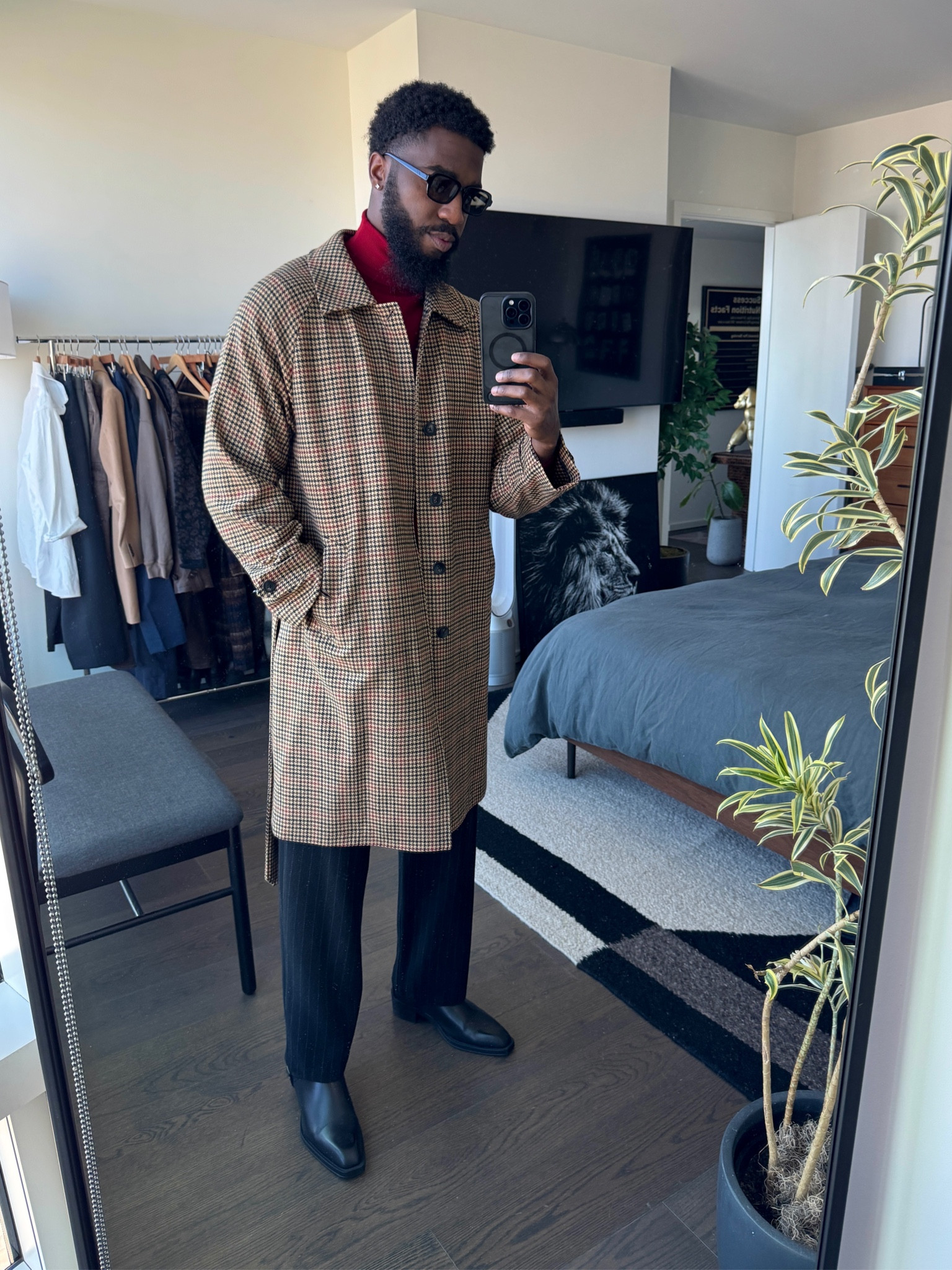 Brown & Red checked belted overcoat w/ black pinstripe trousers and black boots. Links to items down below ⬇️ !

#LTKStyleTip #LTKMens