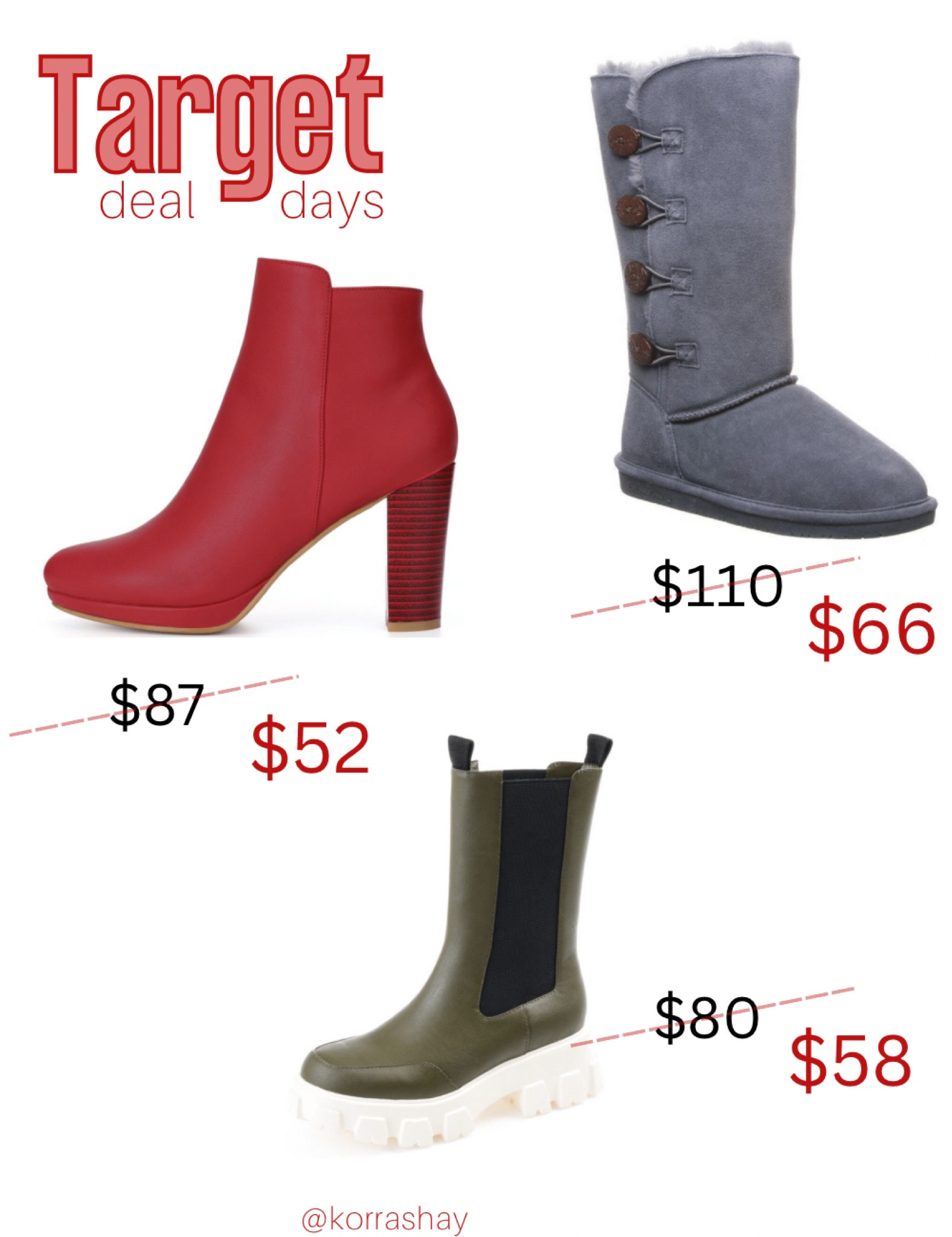 Target deal days finds! The best deals from this Target sale 🙌🏻

Finds: 40% off boots at target! Red chunky heel boots, gray bearpaw boots on sale, olive green chunky green rain boots!

Tags: 
Target deals, target deal days, sale alert, target sale, home decor sale, shoe sale, clothing sale, fall 2022

#LTKunder100 #LTKsalealert #LTKunder50