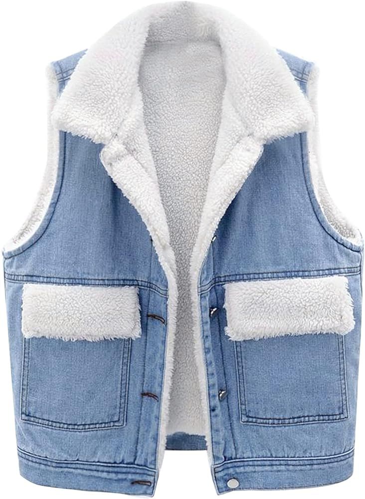 Womens Warm Sherpa Fleece Jean Vest Sleeveless Lightweight Jacket Outwear with Pockets | Amazon (US)