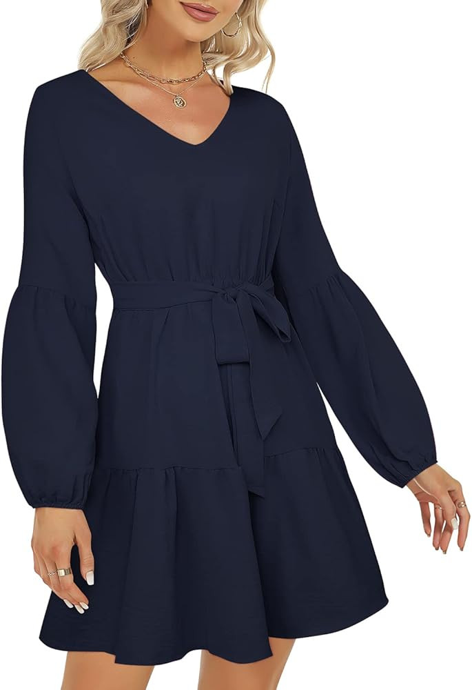 ROYLAMP Women's Tunic Dresses Long Sleeve V Neck Plaid Tie Waist Ruffle Swing Shift Casual Mini D... | Amazon (US)