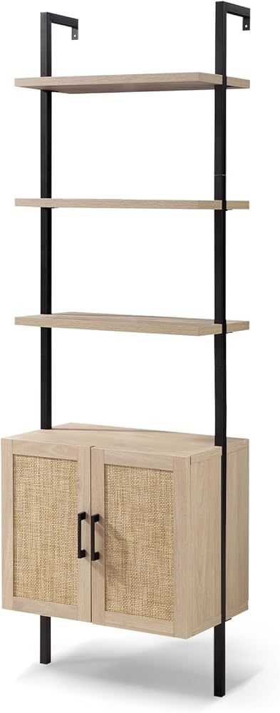 Ladder 5 Tier Bookshelf with Rattan Cabinet, 73" Tall Bookshelf with Oak Wood Storage,Wall Mount ... | Amazon (US)