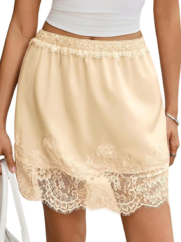 Wenrine Womens Lace Satin Skirt Summer Mini Slip Skirts | Amazon (US)